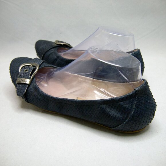Snakeskin Ballet Flats in Navy Blue Round Toe with Buckle & Charm Size 11 Python - Picture 4 of 11